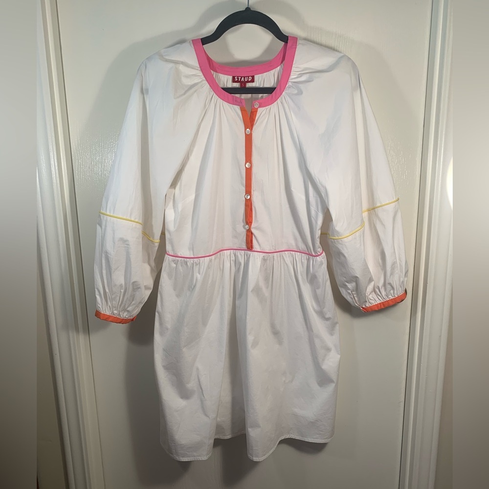 Staud EUC white/multicolored piping Demi midi length puff sleeve dress Size S